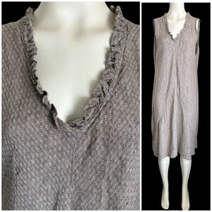 FLAX Linen Midi Sleeveless Dress V Neck Ruffle Trim Sz M Grey-Brown